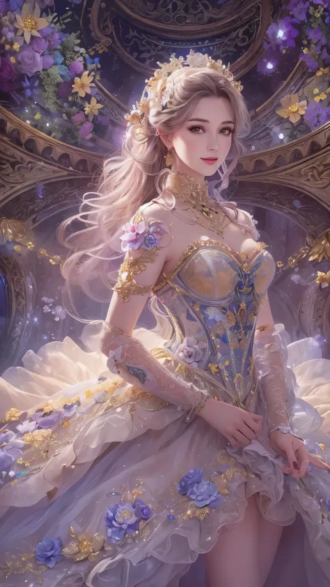 (( top quality )),( super high res),( super detailed ),( detailed description ),(( best CG )),( Best Artwork ), Ultra Precision Art, amazing painting art,(Exquisite art:1.5),  Mysterious Lady , smile, Sparkling floral corset dress woven with rainbows and s...