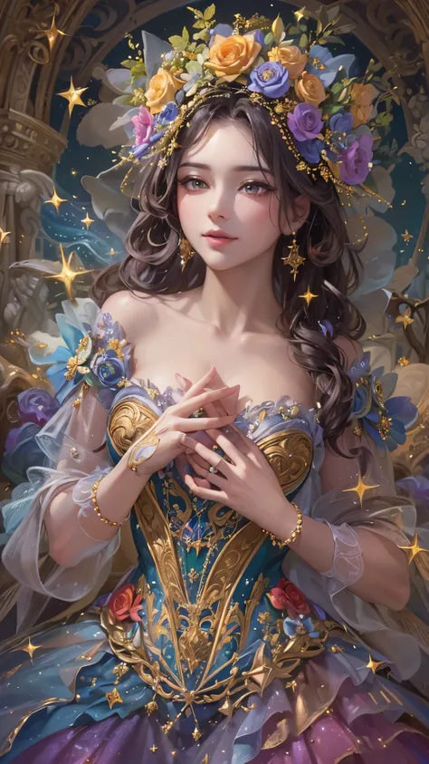 (( top quality )),( super high res),( super detailed ),( detailed description ),(( best CG )),( Best Artwork ), Ultra Precision Art, amazing painting art,(Exquisite art:1.5),  Mysterious Lady , smile, Sparkling floral corset dress woven with rainbows and s...