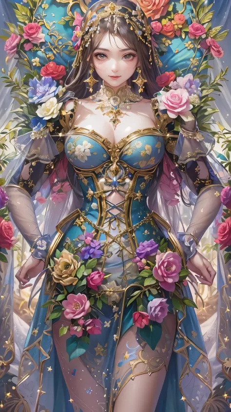 (( top quality )),( super high res),( super detailed ),( detailed description ),(( best CG )),( Best Artwork ), Ultra Precision Art, amazing painting art,(Exquisite art:1.5),  Mysterious Lady , Sparkling floral corset dress woven with rainbows and stars, E...