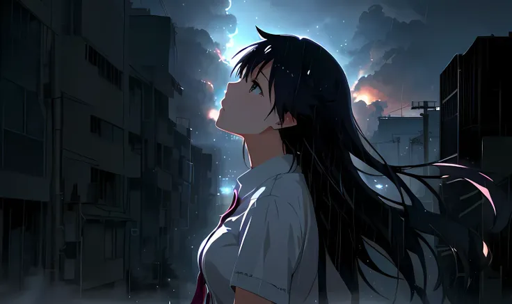 Anime girl looking up at the sky in the rain,  Tears in the Rain , 4k anime wallpaper, 4K cartoon wallpaper ,  after it rained and there were no girls , ( ( Makoto Shinkai ) ), Makoto Shinkai cyril rolando,  amid the explosion of smoke,  Raging Weather . M...