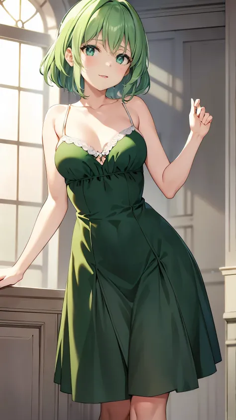  shoulder-length green hair,  small size breasts,  small tits、Green Eyes, 、(((Ladylike))), full body from head to toe 、 Randomly create clothes, hairstyle, facial expressions, poses, locations, and backgrounds、 Fantastic、Draw from a random angle 、Age is al...