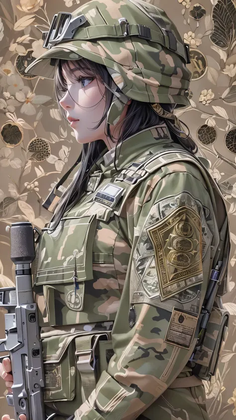 (( top quality )),( super high res),( super detailed ),( detailed description ),(( best CG )),( Best Artwork ), Ultra Precision Art, amazing painting art,(Exquisite art:1.5), Female Soldier, dot pattern camo pattern , protector,