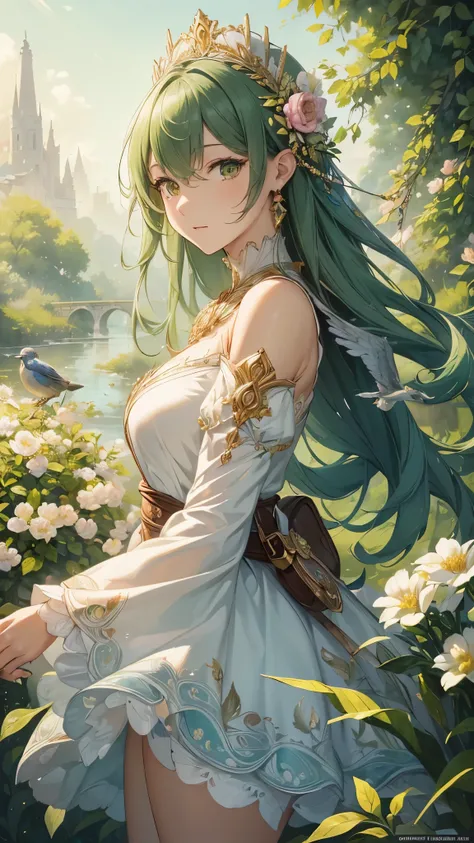 (( top quality )),( super high res),( super detailed ),( detailed description ),(( best CG )),( Best Artwork ), Ultra Precision Art, amazing painting art,(Exquisite art:1.5), woman, wind,  Kindness , sunshine , flower, green, green, bird