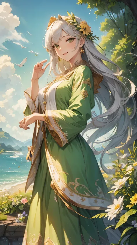 (( top quality )),( super high res),( super detailed ),( detailed description ),(( best CG )),( Best Artwork ), Ultra Precision Art, amazing painting art,(Exquisite art:1.5), woman, wind,  Kindness , sunshine , flower, green, green, bird, null, cloud, smil...