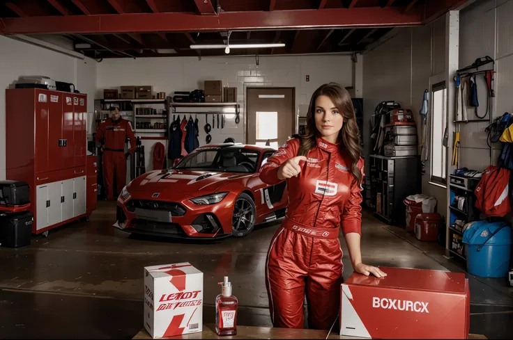 Race car driver in red sports suit pointing to a box of perfume, advertising, very detailed, dramatically lit portrait in garage