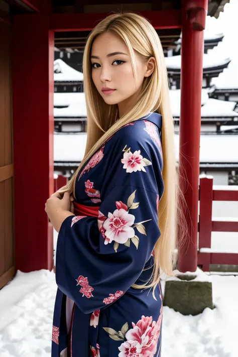 Ultrarealist blonde with long hair in kimono in a Japanese temple under the snow