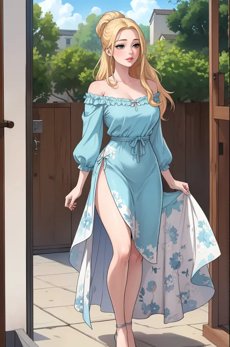 An extremely gorgeous stunning beautiful feminine mother with long blonde hair tied with a white ribbon, extremely fair white skin, big green-blue hazel eyes, plump red glossy lips, a plain simple smile, a plain thin slim normal body, tender arms, wearing ...