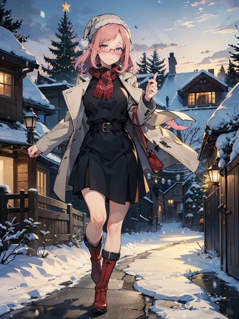 anime - style illustration of a woman in a christmas Santa costume:1.5, long white duffle coat, long boots, anime character, official character art, feminine, full body, female anime girl, Posing:1.5, parted bangs, glasses, (tanned:1.0), hopping step:1.5, ...