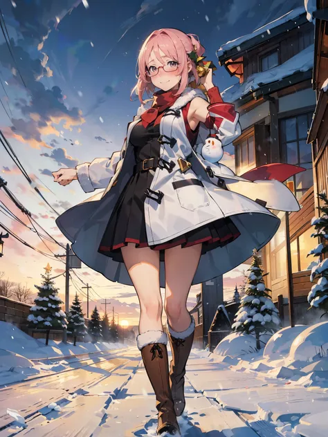 anime - style illustration of a woman in a christmas Santa costume:1.5, long white duffle coat, long boots, anime character, official character art, feminine, full body, female anime girl, parted bangs, glasses, (tanned:1.0), chrashing snowman:1.5, looking...