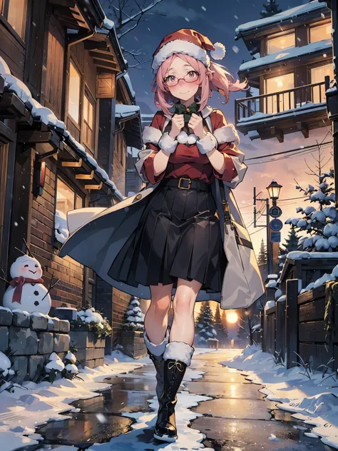 anime - style illustration of a woman in a christmas Santa costume:1.5, long white duffle coat, long boots, anime character, official character art, feminine, full body, female anime girl, parted bangs, glasses, (tanned:1.0), lot of many crazy snowman:1.5,...