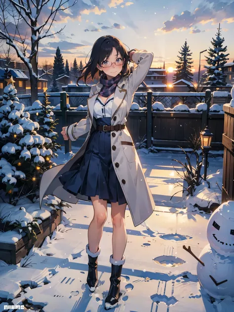 anime - style illustration of a woman in a christmas costume:1.5, long white coat, long boots, anime character, official character art, feminine, full body, female anime girl, parted bangs, glasses, (tanned:1.0), crazy snowman:1.5, looking at viewer, smile...