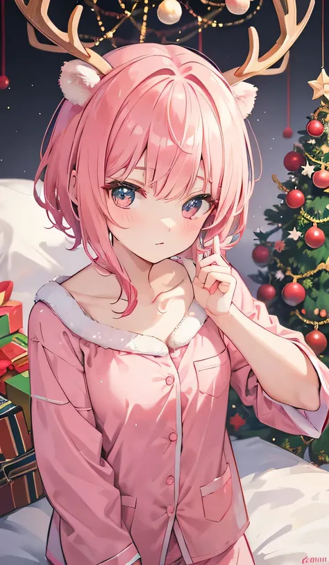 Russian New Year, Christmas tree , short pink hair, cute face, pajamas, deer horns on the head