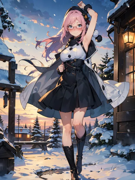 anime - style illustration of a woman in a christmas costume:1.5, long white coat, long boots, anime character, official character art, feminine, full body, female anime girl, parted bangs, glasses, (tanned:1.0), crazy snowman:1.5, looking at viewer, smile...