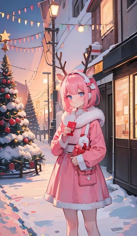 Russian New Year, Christmas tree , short pink hair, cute face, deer horns on the head,  on the street, blizzard , neon signs