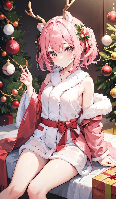 Russian New Year, Christmas tree , short pink hair, cute face, deer horns on the head, in a short bathrobe, without underwear