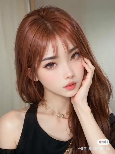 a close up of a woman with red hair and a necklace, Lalisa Manobal, ulzzang, Lalisa Manoban do Blackpink, brown coral hair, with bangs, Dom Yunjoo, brown fringe, popular Korean makeup, jossi do blackpink, with bangs completa, dilraba dilmurat, popular sout...