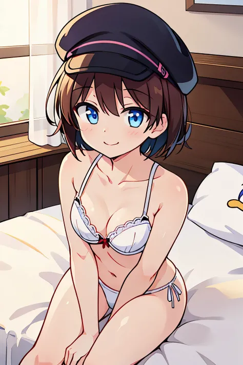 Helga Haruka   ,     blue eyes,   Brown Hair,    He wears short hair on his shoulders,  Brown hat,     white bra ,   white panties,     1 girl,   perfect anatomy ，   Love Hotel  ，   bed，smile