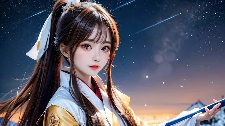 (1 Japanese girl), (brown hair), (long hair), (tied into a ponytail), (medium chest), (bust F SIZE), (Heaven Priest dress), (falling snow powder), (starry sky background) )),Chu Yu,Yun Yun, staff, crystal staff, close up, 