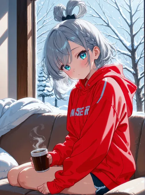 1 Girl, Solo, short shorts, gym shorts, red over sized hoodie, plain hoodie, hoodie covering shorts partly, short hair, top knot hair, grey hair, braided side bangs, asymmetrical bangs, left bang longer than right, turquoise eyes, human, cute pose, front f...