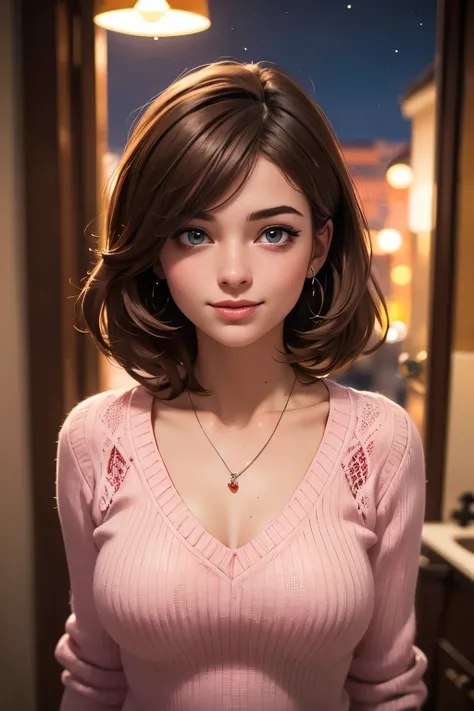 ((Night, Realistic Light, Best Quality, 8K, Masterpiece: 1.3)), 1girl, Slim Beauty: 1.4, (Brown hair, Medium breasts: 1.3), Long pink sweater: 1.1, Bathroom, Super fine face, Delicate eyes, Double eyelids, smile, necklace