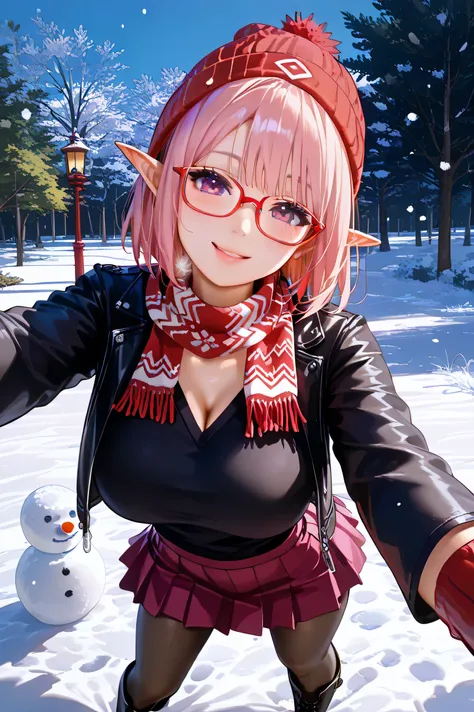 ​masterpiece、 top quality、  super detailed  ((( girl、21 years old、university student、8th life、 Big Breasts )) one girl , Beautiful lighting、１ girl、((( Adorable )))、((( Selfie:1.5、 White Breath:2、snowing:2、Snow Park:2、 snowman))、 (((  red glasses)))、A littl...