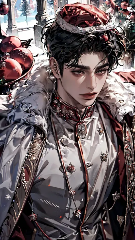 boy,   wolf cut hairstyle ,    black hair  ,    sharp eyes,    white skin   ,    as seen above , ((royal uniform, red fur cape)), Gray eyes,  Christmas Ornaments, santa hat