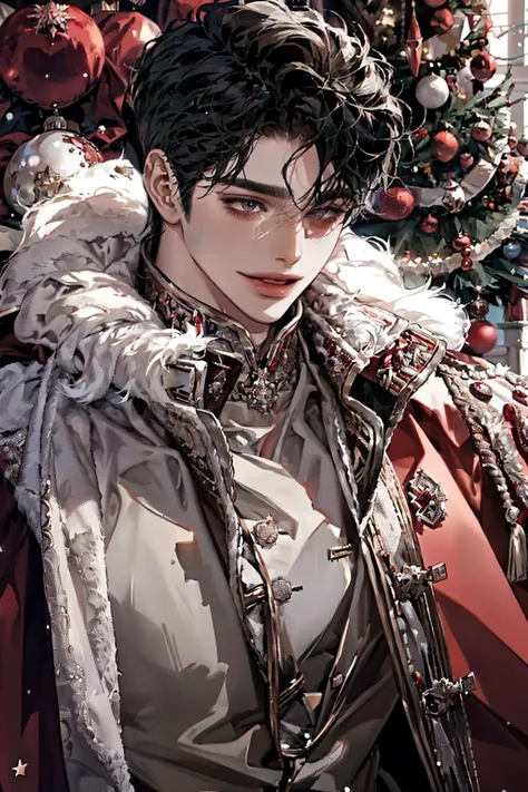 boy,   wolf cut hairstyle ,    black hair  ,    sharp eyes,    white skin   ,   As seen from the side, ((royal uniform, red fur cape)), Gray eyes,  Christmas Ornaments, Smiling 