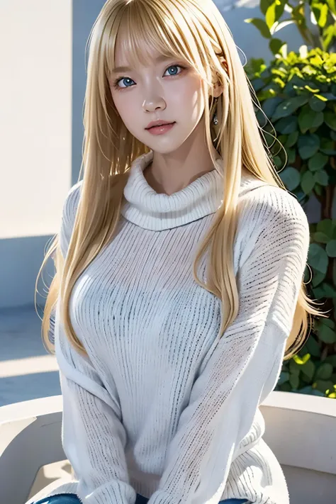 1 person、((Virgin Killer Sweater))、blue sky、Bright and very beautiful face、young, Glowing White Skin、Best Looks、Blonde hair that reflects the light brilliantly、with shiny beautiful blonde hair、Very long silky straight hair、Long Bangs、 Very Beautiful、big, c...