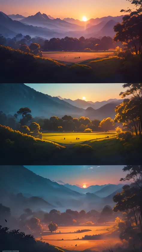 Vivid colors, (best quality，8k，high resolution，masterpiece），Super detailed，（1.4x more realism），sunset, summer, golden Rainforest, Nusantara Naughty Porn Models (clothless) playing, laughter, cicadas singing, mountains silhouette, vibrant, joyful, natures b...