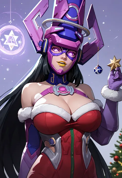 MARVEL_Galacta_daughterofgalactus_ownwaifu, 1 girl, long hair, black hair, purple eyes, yellow lipstick, helmet, mask, giant, giantess, anime style, glowing eyes, large breasts, cleavage, bare shoulders, elbow-length gloves, purple gloves, jumpsuit, christ...