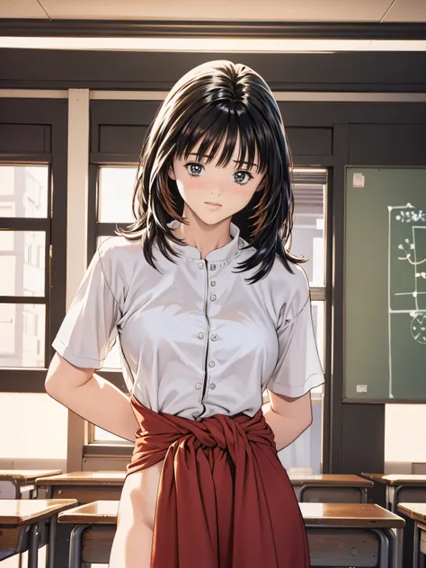 8k、 top quality 、(masterpiece:1.2)、Genuine、Super fine、 super high resolution 、Sunset、 cute、goddess、1 person、 beautiful face、 perfect body、((Black Bob))、 waistline、( has a thin waist:1.3)、 Beautiful skin、 skin texture、Floating Hair、(uniform:1.1)、classroom、 ...