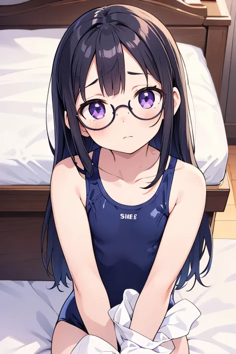  elementary school  toddler flat chest black hair straight long hair bangs 7 ：3 splits （（ forehead is sticking out in front of the piano））  purple eyes round glasses 　 embarrassed expression 　（（One person）） white one-piece swimsuit　  holding white socks 　L...