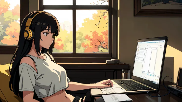 a young woman with long, messy black hair, medium boobs, wearing a yellow crop top and black shorts, wearing oversized headphones, sitting at a desk with an open notebook and laptop, gazing thoughtfully out of a large sunlit window, warm golden afternoon l...