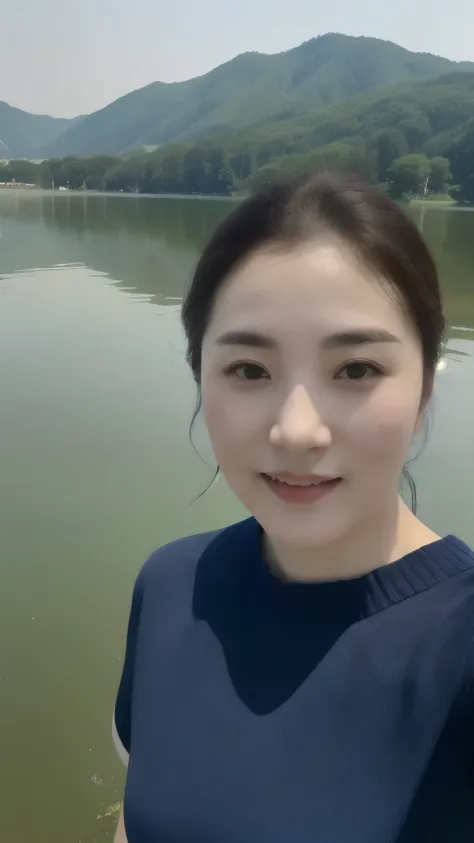 Woman in short sleeved dress standing in front of a lake，Inspired by Ma Yuanyu， 8k selfie photo ， Haihou Mu Yanling ，Chen Xintong， Xue Han ，Yudai Chiba， Inspired by Yao Tingmei 、 Zheng Shang-soo 、Yun Ling 