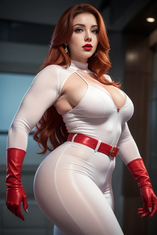 , a beautiful girl in a white jumpsuit with a belt and red gloves, Of power , , large and impressive images. of the goddess ,  amouranth as villain, ,  complete - ,  dense construction, , Thick body ,  like a retro-era radical villain ,  elegant, charming ...