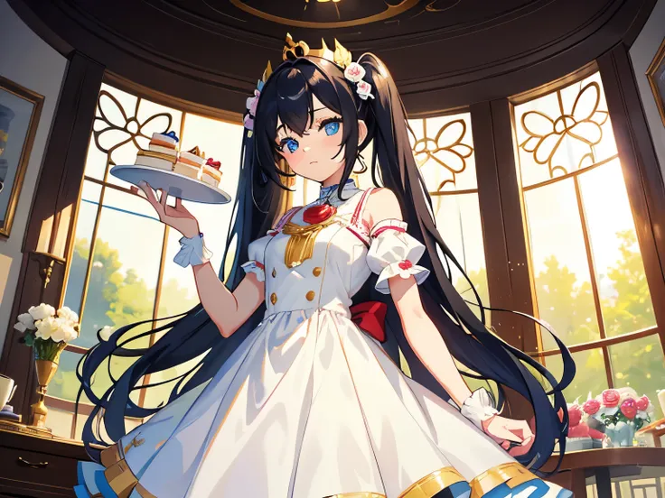 4k anime style, Smooth anime CG, 8k anime, Best quality, High resolution,Superdetail,A Teenager girl, appearing to be of Caucasian descent and around 15-18 years old, is depicted in a whimsical, cartoonish style. She has  twintails black hair which tips ar...