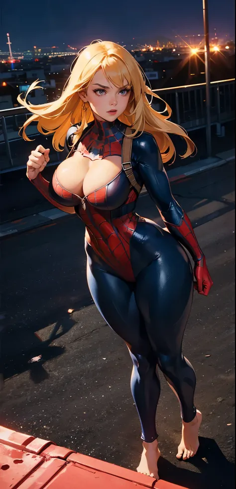 full body，whole body，Woman dressed as Spider-Man，barefoot，Rooftop， Sexy Body，big natural breasts，busty body，perfect body，Model，focus on the Models figure，Look at the Model from below，The whole picture is a perfect body，perfect body， huge pump perky breasts...