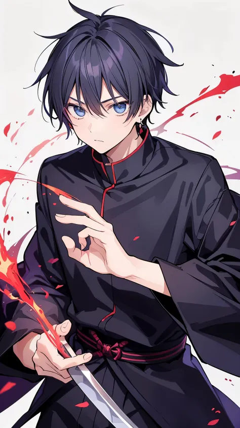 create a black Jujutsu no kaisen manga style image with a young male character extremely similar to Gaku from the Sakamoto Days manga, ele tem cabelo curto fe cor ciano claro e um capuz azul escuro quase preto, e olhos pretos, He wears red earrings and he ...