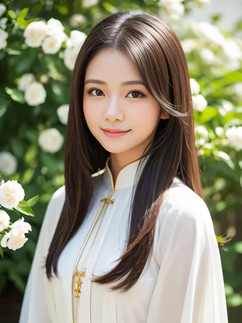 Create a super realistic portrait of a beautiful 23 year old Japanese-Filipino woman standing outdoors. She has a soft, gentle expression with large, warm eyes and a slight, welcoming smile. Her skin is smooth and flawless, with a natural glow that complem...