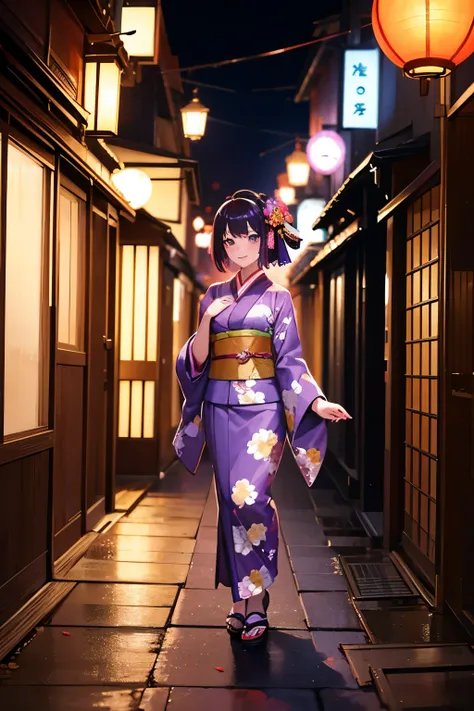 Maiko, walking ,From left to right, Kimono is purple , floral kimono,Kyoto Alley at Night, smiling, anime style, the background is stained glass 