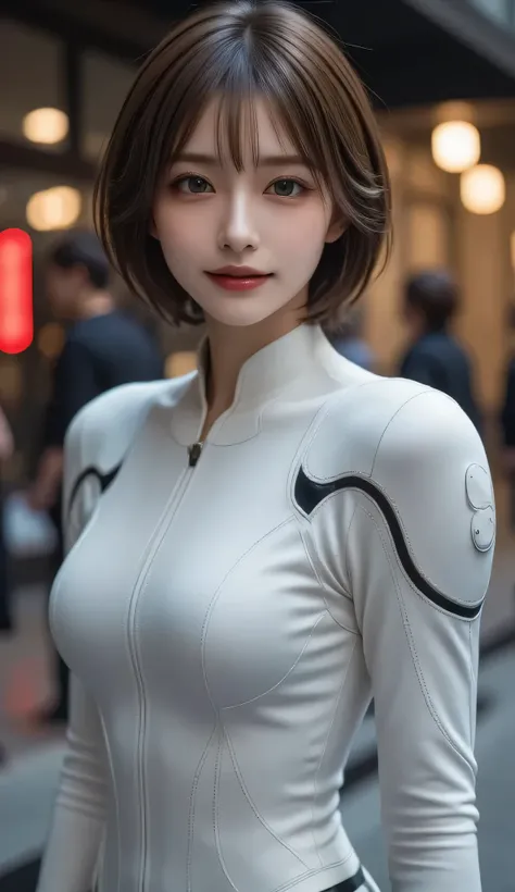 masterpiece,  top quality ,  super real , Hyper-detailed, 8k resolution,  RAW photos ,  sharp concentration, ( 1 girl), Alone,  beautiful face,  perfect body,  mature woman, Age 25,   yag, Mecha, White Armor, Nanosuit,  sexy,  messy hair,  cinematic ,  cin...