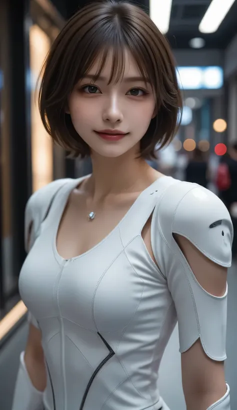 masterpiece,  top quality ,  super real , Hyper-detailed, 8k resolution,  RAW photos ,  sharp concentration, ( 1 girl), Alone,  beautiful face,  perfect body,  mature woman, Age 25,   yag, Mecha, White Armor, Nanosuit,  sexy,  messy hair,  cinematic ,  cin...