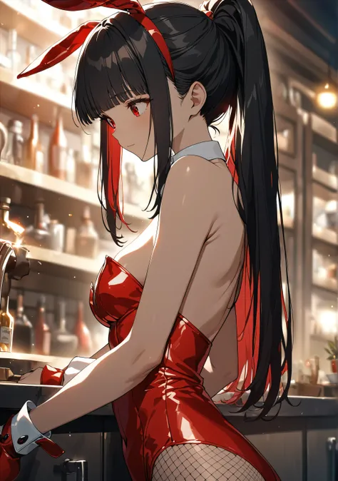 1 girl, Game CG, shallow depth of field, a portrait with a soft Gaussian blurred background, creating a dreamy atmosphere, focus on face,
standing near counter, looking down, despondent demeanor, from side, upper body,

(Black Hair, dark scarlet inner colo...