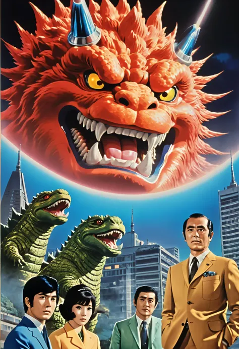 Manga characters, 1970s comic art , 1970s Japanese TV show monster, detailed Digital Paint, bright color, dynamic composition , Dramatic lighting, vintage aesthetics , ( top quality,4K,8k, high definition ,masterpiece:1.2), more ,( ...