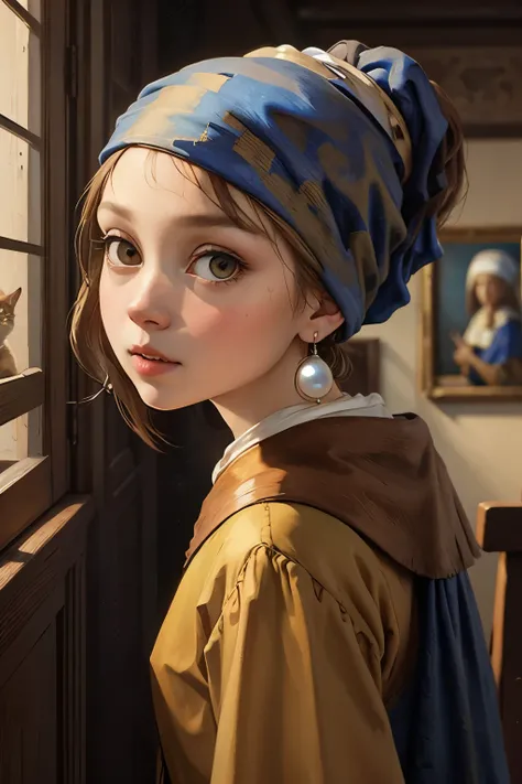 Vermeer, girl with a pearl earring,Painting,There is a brown cat nearby