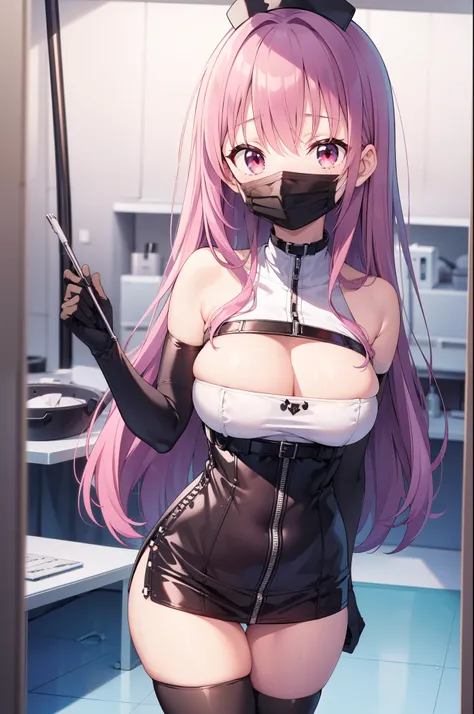 black nurse, 1woman, solo, black nurse cap, black nurse uniform, ((black legwear, zettai ryouiki)), black elbow gloves, long hair, purple hair, red eyes, ((black surgical mask, covered nose)), standing, ((surgery room)), sharp outline, short sleeves, matur...