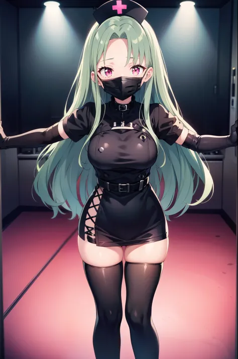 black nurse, 1woman, solo, black nurse cap, black nurse uniform, ((black legwear, zettai ryouiki)), black elbow gloves, forehead, long hair, green hair, pink eyes, ((black surgical mask, covered nose)), standing, ((surgery room, dark room)), sharp outline,...