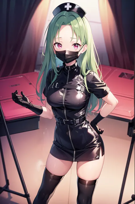 black nurse, 1woman, solo, black nurse cap, black nurse uniform, ((black legwear, zettai ryouiki)), black elbow gloves, forehead, long hair, green hair, pink eyes, ((black surgical mask, covered nose)), standing, ((surgery room, dark room)), sharp outline,...