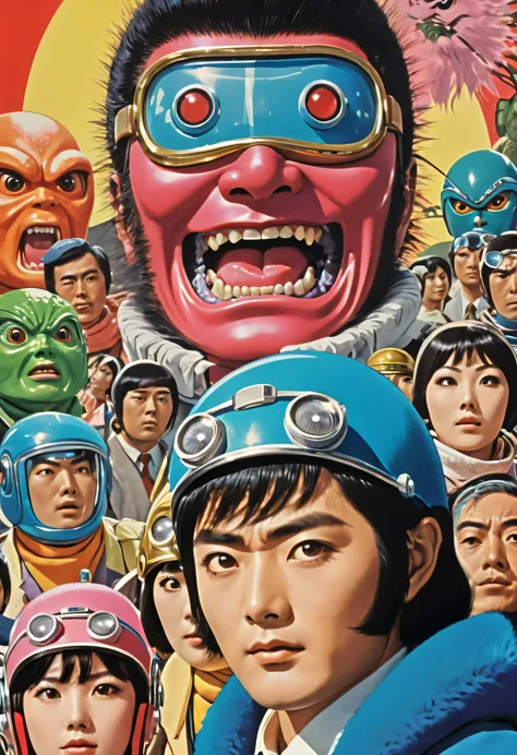 Manga characters, 1970s comic art , 1970s Japanese TV show monster, detailed Digital Paint, bright color, dynamic composition , Dramatic lighting, vintage aesthetics , ( top quality,4K,8k, high definition ,masterpiece:1...