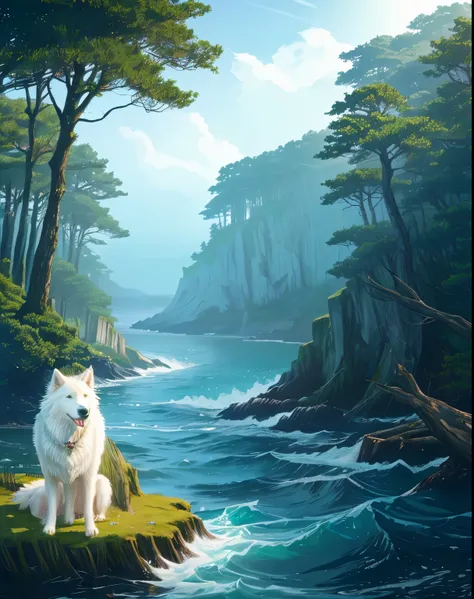  The rough sea has towering trees and forests，There is a big white wolf dog next to it 